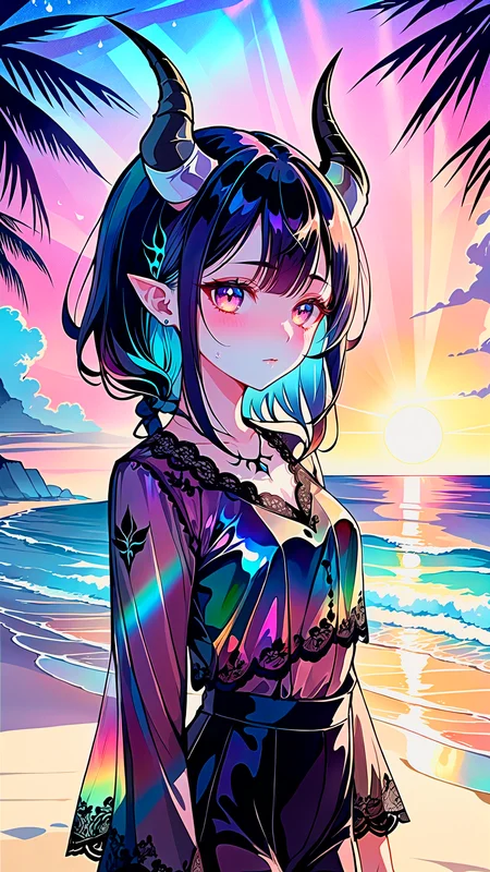 by ziyun by krenz by yogisya, 1girl, dutch angle, sad teardrop, sunset, beach shadow, dramatic lighting, by tsubonari, by demizu posuka watercolor pale demon girl, prismatic coloring, holographic vibe, chromatic black lace blouse, gothic background, (long straight horns:1.2)