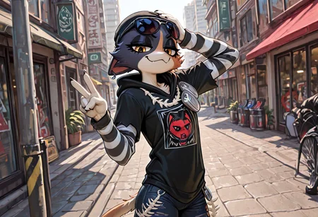 masterpiece, best quality, newest, absurdres, highres, furry, perfect anatomy, mxcaoxzz, multicolored_fur, striped sleeves, black hoodie with graphic, fish bone jewelry, tuna cans strap, denim, ripped jeans, fish bone keychain, sunglasses, eyewear, feline, cat, anthro, female, flat chest, solo, solo focus, looking at viewer, standing, smug, smiling, city, streets, sidewalk, sunlight, headshot, hand on head, shocker gesture, shocker, thumb and ring finger down, 5 fingers, palm out, shockr,