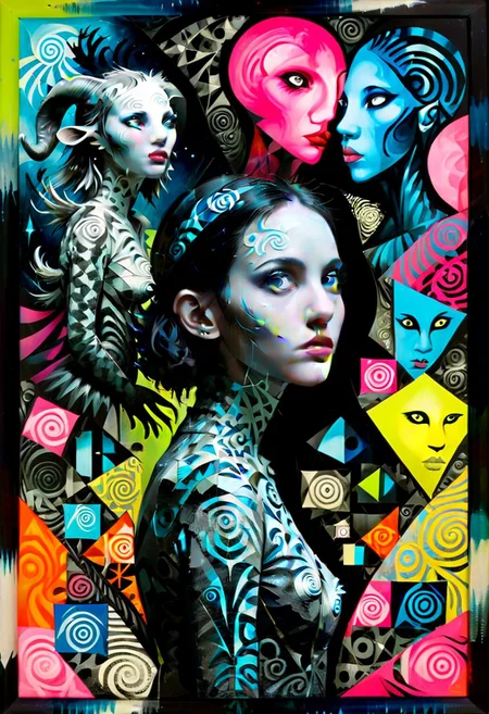 style of barry Mc gee.
Pans Labyrinth style creatures everywhere, with abstract, woman, art style, bioluminescent,girl face, modified with a mega creatures, gazing away, Apterus, Barry McGee, Frank Auerbach, neon silhouette contrast xarta
x-ray, deconstructed, abstract, surreal, mixed media, collage, outsider-art, avant-garde, punk style
• paintings, polygon, flat , bold color blocks and black lines