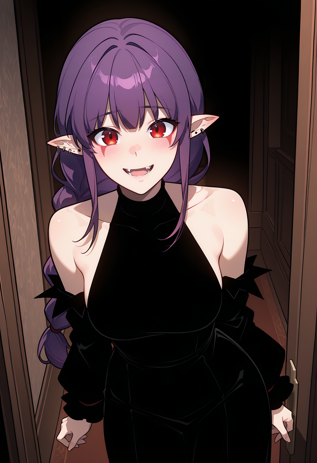highres, best quality, masterpiece, indoors,
1girl, solo, slresil, long hair, purple hair, red eyes, pointy ears, braided ponytail, earrings, ear piercing, facial mark, fangs,
black dress, flat color clothes, halterneck, bare shoulders, sleeveless, detached sleeves,
looking at viewer, blush, smile, open mouth, fang,
standing, cowboy shot,
<lora:_esil_radiru-elesico-ilxlMd-000018:1>
