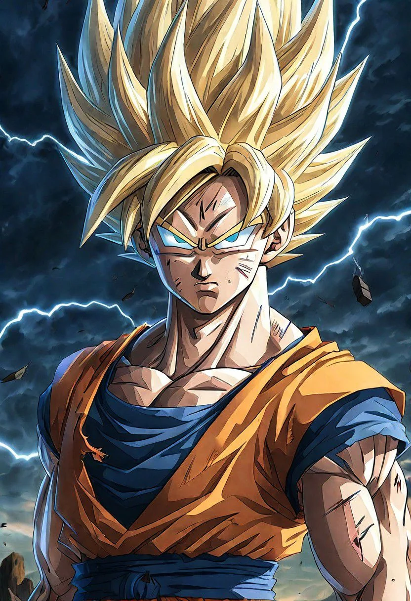 (Ultrarealist:1.5) (Son Goku Sayan:1.5) (SayanI:1.3),8k, ultradetailed background, beautiful photography, (soft fur:1.3), expressive eyes, sunset glow, (solo:1.0)Lightning bolts,Posture(ultradetailed eyes:1.5)