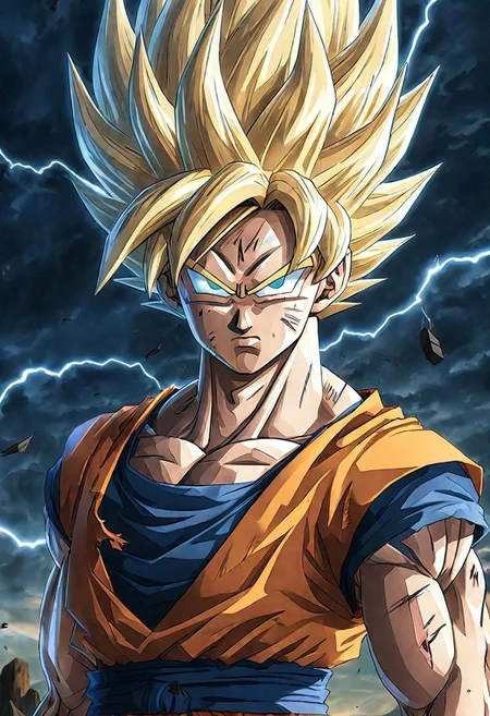 (Ultrarealist:1.5) (Son Goku Sayan:1.5) (SayanI:1.3),8k, ultradetailed background, beautiful photography, (soft fur:1.3), expressive eyes, sunset glow, (solo:1.0)Lightning bolts,Posture(ultradetailed eyes:1.5)