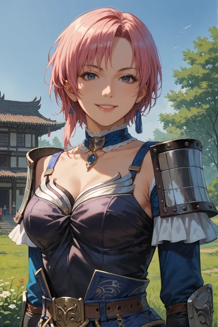 score_9, score_8_up, score_7_up, masterpiece, highly detailed, intricate detailed, anime, 1girl, solo, mature woman,armor, short hair, gloves, pink hair, looking at viewer, outdoors, evil smile, 1hand on arm, <lora:Wang_Yi_Dynasty_Warriors:0.7>