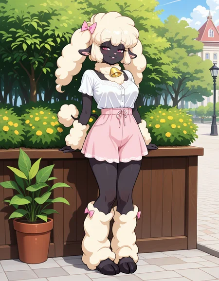 masterpiece, best quality, very aesthetic, absurdres,
outdoors,
full body, standing, posing,
casual, 
seductive smile, parted lips, long eyelashes,
<lora:PoodleSheep_v01_NAIXL:1> P00dl3Sh33p,1girl, solo, furry, furry female, animal ears, long hair, bangs, hair bow, sheep ears, pink eyes, animal nose, neck bell, black skin, body fur, white fur, poodle tail, hooves,