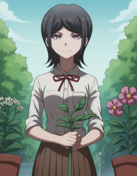 score_9, score_8_up, score_7_up, source_anime, <lora:mukuro-ikusaba-s2-ponyxl-lora-nochekaiser:1>, mukuro ikusaba, short hair, bangs, black hair, freckles, purple eyes,, skirt, shirt, ribbon, school uniform, white shirt, pleated skirt, collared shirt, red ribbon, neck ribbon, grey shirt, sleeves rolled up, brown skirt,, gardening, watering plants, backyard, flowers blooming, sunny day,, smile, , hand making an OK sign, solo,, cowboy shot, dutch angle