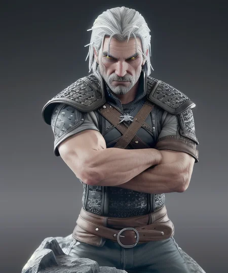 figrne, geralt of rivia, the witcher, on a base, dynamic pose, solo, depth of field, flawless, RAW,(((plain background))), high detail, insane detail <lora:figrne_v2std:1>