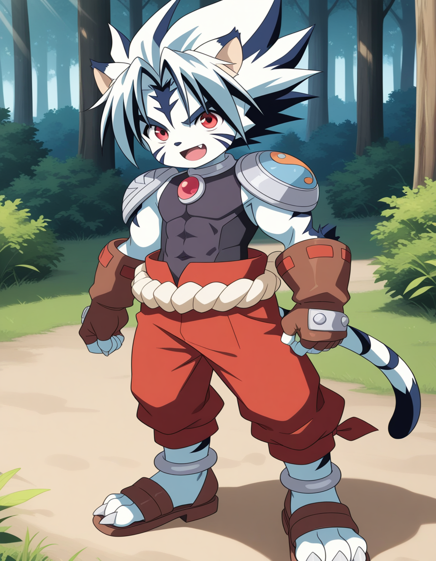 masterpiece, best quality,anime screencap,official style
BREAK
kogenta,solo,1boy,tiger boy,child,smile,male focus,furry male,,open mouth,, red eyes, animal ears, tail,  , multicolored hair, , fang, cat ears, two-tone hair,  facial mark, white hair, claws,tiger ears,fingerless gloves, armor, shoulder armor,red pants, covered abs,anklet, sandals,3 toes,forest
BREAK
<lora:kogenta_ill_hassaku_v1:1>