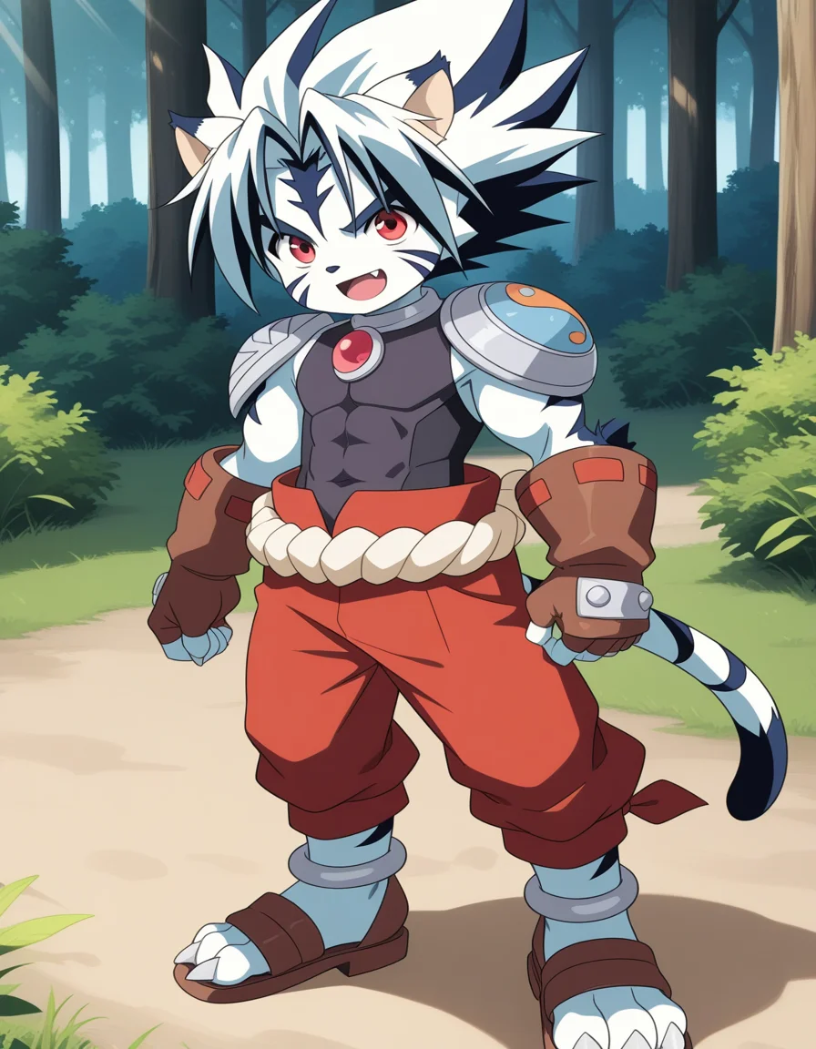 masterpiece, best quality,anime screencap,official style
BREAK
kogenta,solo,1boy,tiger boy,child,smile,male focus,furry male,,open mouth,, red eyes, animal ears, tail,  , multicolored hair, , fang, cat ears, two-tone hair,  facial mark, white hair, claws,tiger ears,fingerless gloves, armor, shoulder armor,red pants, covered abs,anklet, sandals,3 toes,forest
BREAK
<lora:kogenta_ill_hassaku_v1:1>