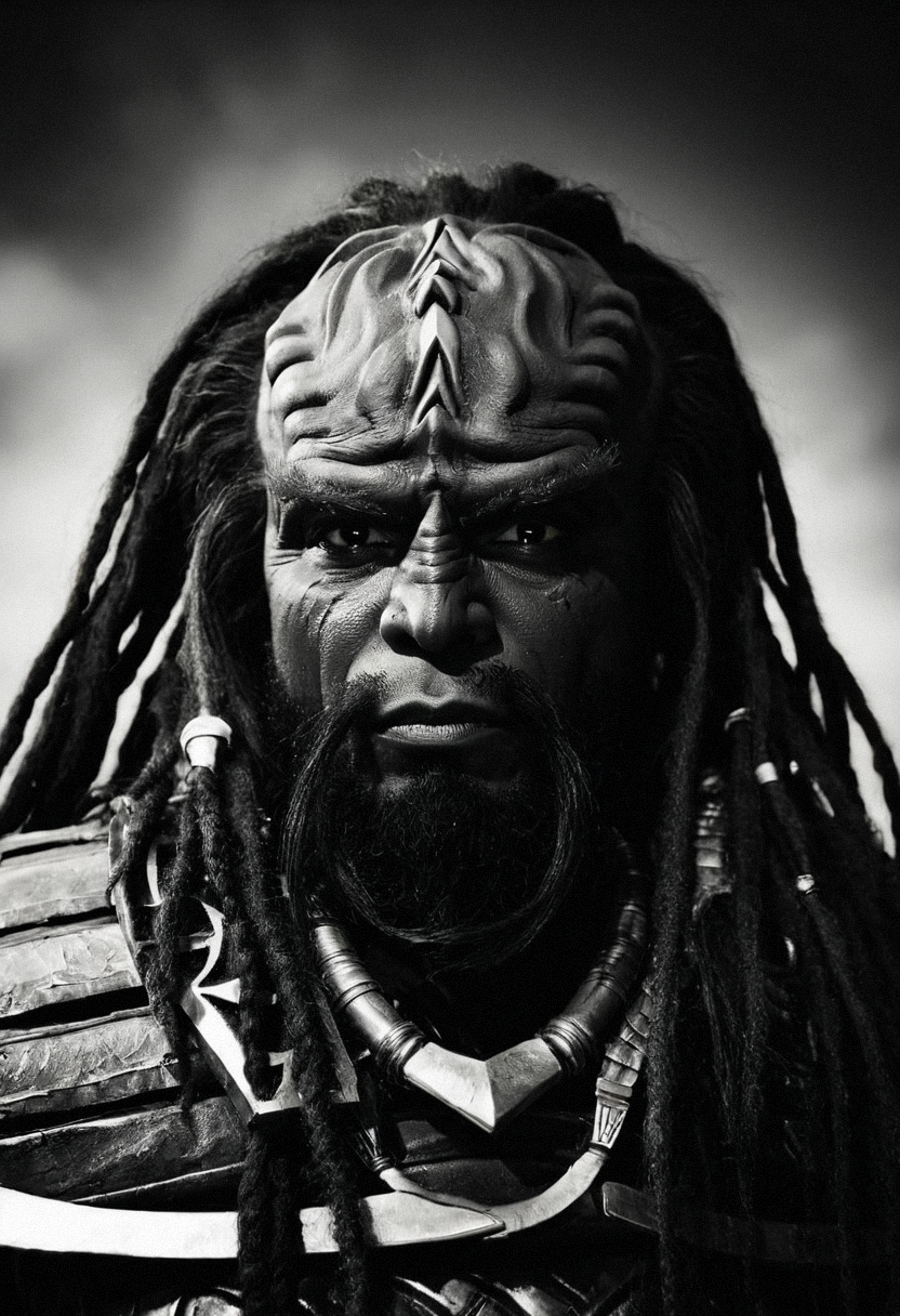Monochrome portrait photography, extreme close-up, male klingon, strong brow ridges, dark brown skin, proud expression, ornate forehead crest, ritual markings, traditional klingon jewelry, warrior dreadlocks, sharp features, intense eyes, deep shadows, single light source from the side, intense gaze, high contrast, Hasselblad 500C/M with 80mm lens, Ilford Pan F Plus 50, dramatic lighting, cinematic, 8k --ar 2:3 --style raw