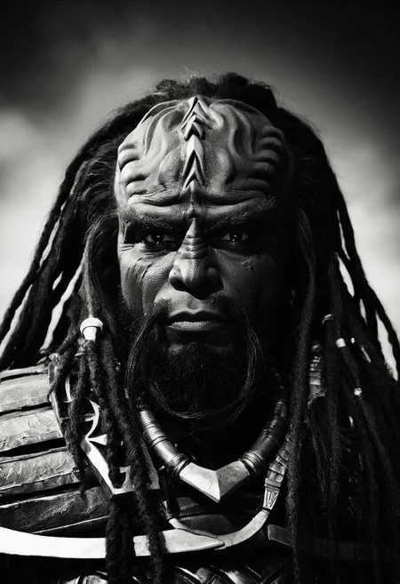 Monochrome portrait photography, extreme close-up, male klingon, strong brow ridges, dark brown skin, proud expression, ornate forehead crest, ritual markings, traditional klingon jewelry, warrior dreadlocks, sharp features, intense eyes, deep shadows, single light source from the side, intense gaze, high contrast, Hasselblad 500C/M with 80mm lens, Ilford Pan F Plus 50, dramatic lighting, cinematic, 8k --ar 2:3 --style raw