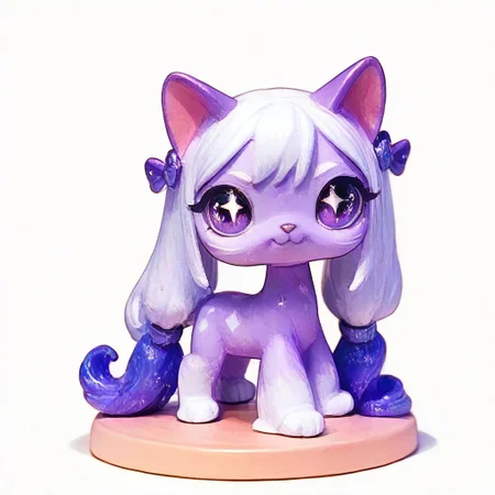 score_9, score_8_up, score_7_up, score_6_up, score_5_up, score_4_up, source_lps, rating_safe BREAK solo, CassieSP796, cat, female, purple fur, galaxy eyes, white hair, long hair, straight hair, blue right foreleg, standing, looking at viewer, photorealistic, custom, littlest_pet_shop, white background