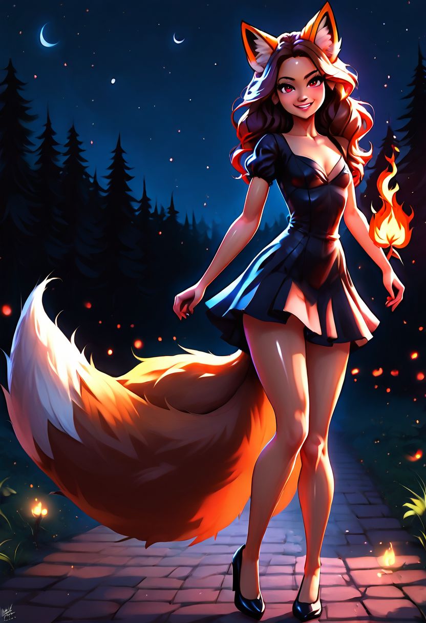 (1girl:2.0), dark brown hair, colorful, very high quality, perfect, (insane details:1.3), (dark brown fox ears and three fox tails:1.5), (3 fox tails:1.5), HDR, UHD, 64K, highly detailed, (magically hovering red flame above hand:1.3), (tip of tails covered in red flames:1.3), (tip of tails engulfed in red flames1.3), (night sky:1.4), (dark forest:1.4), (looks tough:1.3), (wearing red and black dress:1.2), (no flames everywhere:1.4), (human:1.5), (high quality:1.5), (pretty:1.5), revealing dress, score_9, score_8_up, score_8, score_9, 1girl, miniature,  
small chest, petite body, showing lots of skin, very sexy, very cute, long legs, shiny skin, dark brown hair, red eyes,
volumetric lighting, cinematic lighting, ng_deepnegative_v1_75t