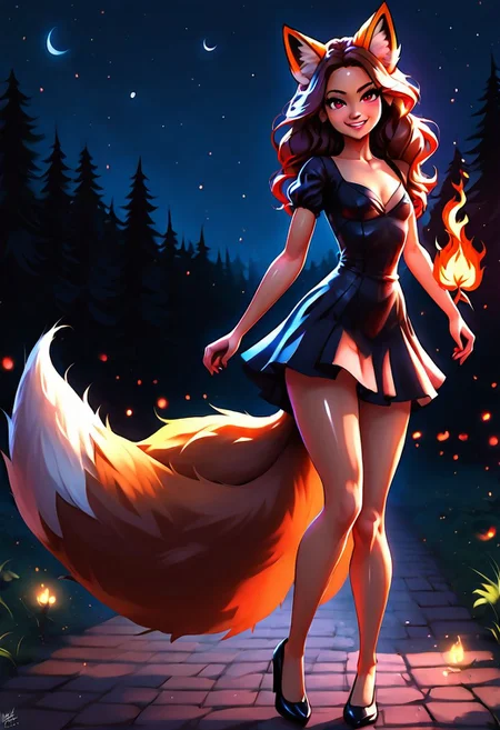 (1girl:2.0), dark brown hair, colorful, very high quality, perfect, (insane details:1.3), (dark brown fox ears and three fox tails:1.5), (3 fox tails:1.5), HDR, UHD, 64K, highly detailed, (magically hovering red flame above hand:1.3), (tip of tails covered in red flames:1.3), (tip of tails engulfed in red flames1.3), (night sky:1.4), (dark forest:1.4), (looks tough:1.3), (wearing red and black dress:1.2), (no flames everywhere:1.4), (human:1.5), (high quality:1.5), (pretty:1.5), revealing dress, score_9, score_8_up, score_8, score_9, 1girl, miniature,
small chest, petite body, showing lots of skin, very sexy, very cute, long legs, shiny skin, dark brown hair, red eyes,
volumetric lighting, cinematic lighting, ng_deepnegative_v1_75t