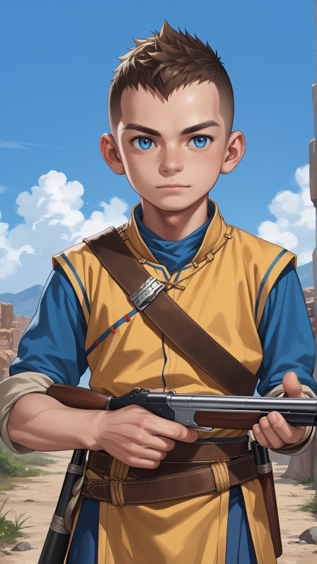 score_9, score_8_up, score_7_up, score_6_up, score_5_up, score_4_up, rating_safe, source_anime, anime style cartoon, source_cartoon, <lora:GoWRAtreusPDXL:1>GoWRAtreus, 12 y-o young boy, solo,  (Holding a shotgun with both hands, ready to fire:1.5) in a quantum laboratory location.
Blue eyes and short brown buzzcut. GoWRAtreus is wearing a (yellow:0.5) tunic with leather details. Belts and straps crossing his body. (His waistcloth is red and blue:1.4). GoWRAtreus is wearing brown leather boots. His right arm is bare and has a tattoo. GoWRAtreus expression is Neutral, A relaxed facial expression with a slightly open mouth..