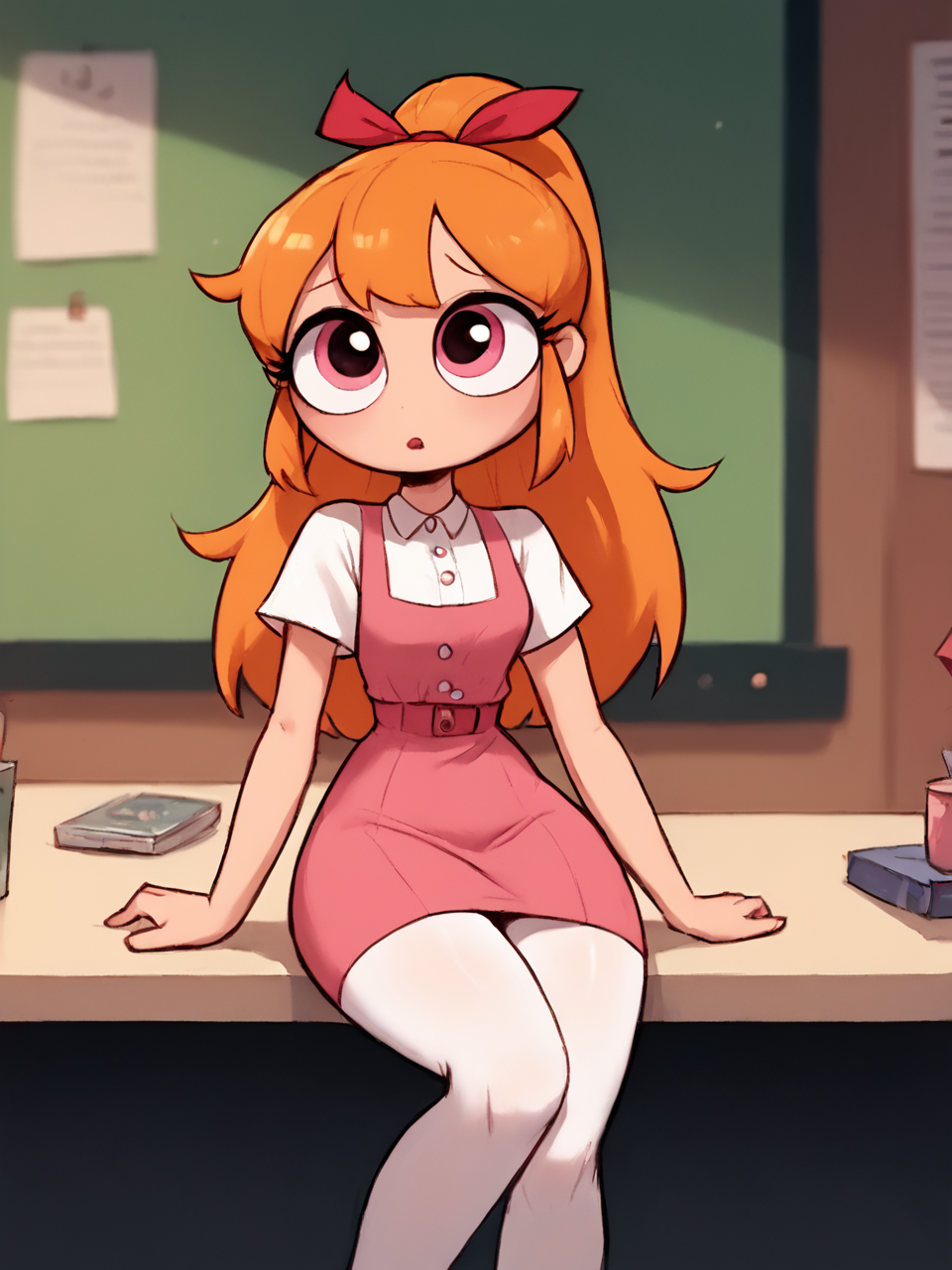 score_9, score_8_up, score_7_up,  score_6_up, BREAK, T66nBl0ss0m, 1girl, solo, long hair, ponytail, hair ribbon, orange hair, pink eyes, pink dress, white pantyhose, <lora:Teen_Blossom2:1>