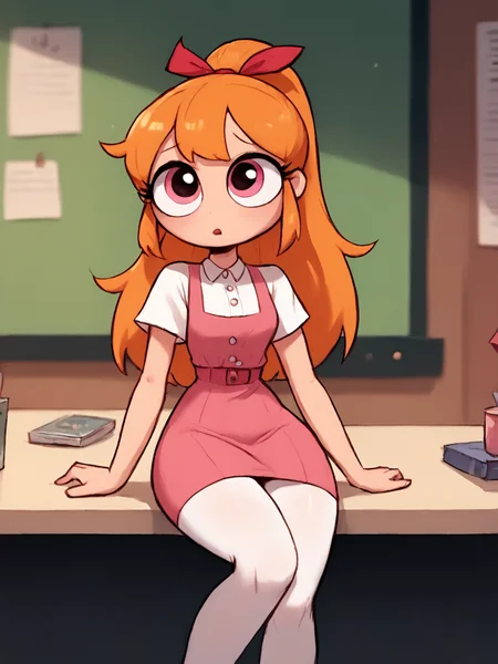 score_9, score_8_up, score_7_up, score_6_up, BREAK, T66nBl0ss0m, 1girl, solo, long hair, ponytail, hair ribbon, orange hair, pink eyes, pink dress, white pantyhose, <lora:Teen_Blossom2:1>