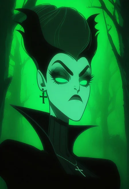 score_9, score_8_up, score_7_up,
GLSHS, a girl with long hair and glowing green eyes in a forest with trees, green theme, long eyelashes, cross necklace, straight hair, bangs, black dress, ear piercing, cross earrings,Aunt Lydia
