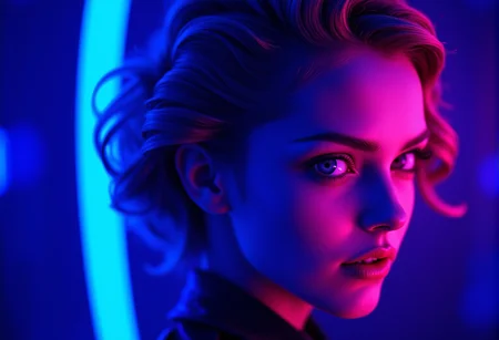 bv-betdigpor. A young woman with vibrant expressions at a dreamlike Burning Man event. The scene is illuminated by blue and pink neon lights. The image showcases a stunning portrait, focusing on flawless skin, vibrant colors, and deep contrasts, capturing the essence of the event and atmosphere. , <lora:bv-better-digital-portrait.safetensors:1.0:1.0>