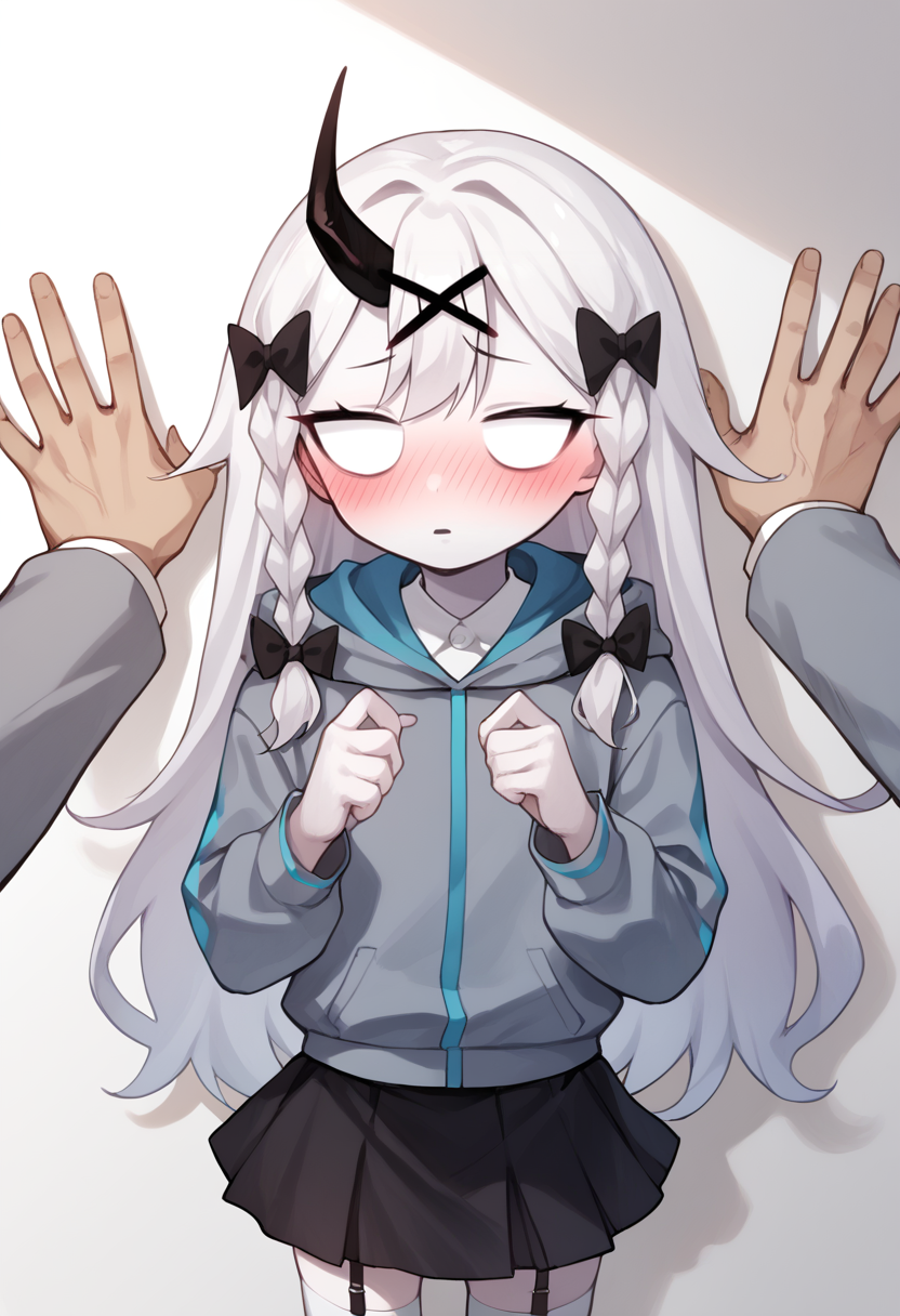 masterpiece, best quality, uncensored, source_anime BREAK score_9, score_8_up, score_7_up, score_6_up, score_5_up, score_4_up, 1girl, solo, rasazyfnf, single horn, white eyes, no pupils, long hair, white hair, white skin, twin braids, x hair ornament, hair bow, Expressiveh, shocked, blush, grey jacket, hood, long sleeves, cyan lines, black skirt, white thighhighs, bow, black garter straps, upper body, against wall, kabedon, pov hands <lora:Expressive_H:0.6> <lora:add-detail-xl:0.5> <lora:Rasazy_MFM_Fnf:0.8> <lora:KabedompovPonyXL:1>
