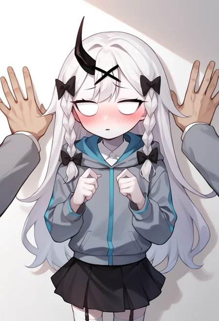 masterpiece, best quality, uncensored, source_anime BREAK score_9, score_8_up, score_7_up, score_6_up, score_5_up, score_4_up, 1girl, solo, rasazyfnf, single horn, white eyes, no pupils, long hair, white hair, white skin, twin braids, x hair ornament, hair bow, Expressiveh, shocked, blush, grey jacket, hood, long sleeves, cyan lines, black skirt, white thighhighs, bow, black garter straps, upper body, against wall, kabedon, pov hands <lora:Expressive_H:0.6> <lora:add-detail-xl:0.5> <lora:Rasazy_MFM_Fnf:0.8> <lora:KabedompovPonyXL:1>