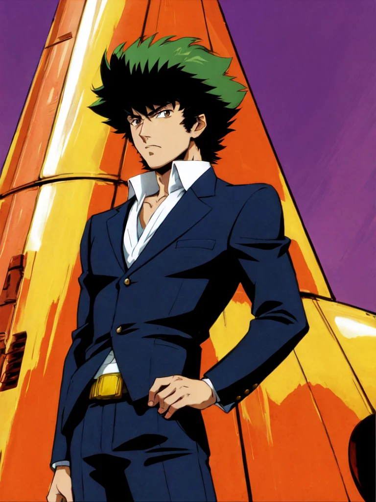 cowboy_bebop, Spike_Spiegel \(cowboy bebop\), cowboy_bebop style, spaceship, shrugging, tall, slim, dark green hair and brown eyes, suit, Spike_Spiegel, bounty hunter, on a spaceship, anime screencap, 2000s \(style\), slothful, nonchalant, indifferent, and lazy, Laid-back, fearless, and quick-thinking
