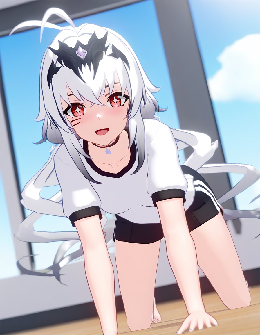 (gym_uniform:1.2),looking at viewer,full body,thighs,on_stomach,sky,open mouth,indoors,smile,long hair,
3dspfaniya,1girl,solo,white hair,red eyes,facial mark,antenna hair,symbol-shaped pupils,+ +,bangs,hair between eyes,small breasts,<lora:spfaniya_noob:0.9>,
masterpiece,best quality,very aesthetic,absurdres,