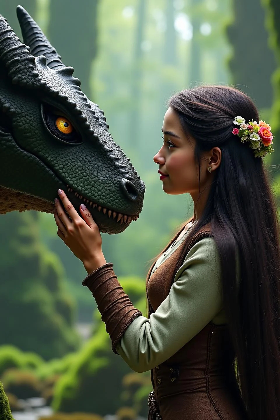 a young woman with long, dark hair is seen in a close and intimate moment with a dragon. The woman is dressed in a medieval-style outfit, adorned with intricate details and floral decorations in her hair, suggesting a fantasy or mythical setting. She is gently touching the dragon's snout with her hand, indicating a sense of trust and connection between them.
The dragon, with its scales and fierce appearance, is looking directly at the woman, its golden eye reflecting a sense of awareness and intelligence. The background is a serene, natural setting with lush greenery and a soft, ethereal glow, enhancing the magical atmosphere of the scene.
The overall composition of the image conveys a sense of harmony and bond between the woman and the dragon, capturing a moment of peaceful interaction in a fantastical world. The detailed costumes and the natural setting contribute to the image's enchanting and otherworldly feel.