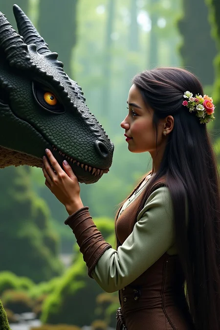 a young woman with long, dark hair is seen in a close and intimate moment with a dragon. The woman is dressed in a medieval-style outfit, adorned with intricate details and floral decorations in her hair, suggesting a fantasy or mythical setting. She is gently touching the dragon's snout with her hand, indicating a sense of trust and connection between them.
The dragon, with its scales and fierce appearance, is looking directly at the woman, its golden eye reflecting a sense of awareness and intelligence. The background is a serene, natural setting with lush greenery and a soft, ethereal glow, enhancing the magical atmosphere of the scene.
The overall composition of the image conveys a sense of harmony and bond between the woman and the dragon, capturing a moment of peaceful interaction in a fantastical world. The detailed costumes and the natural setting contribute to the image's enchanting and otherworldly feel.