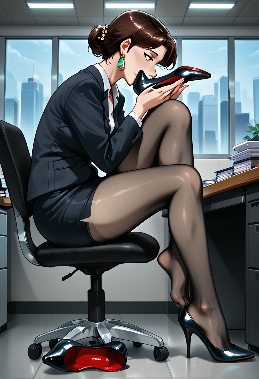 high heels, outdoors, shoes removed, feet, thighhighs, hair ornament, sniffing heels, pantyhose, earrings, office, sitting on the chair, desk, holding heels to face, indoors, anime style, face inside the shoes