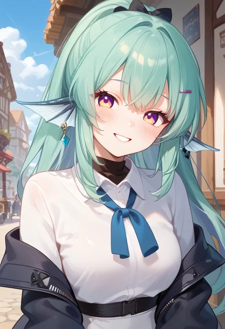 score_9,score_8_up,score_7_up,score_6_up,score_5_up,score_4_up,source_anime,masterpiece,best quality,highres, 1girl ,solo,finana3st,hairclip, smile, blush, t3chwear,