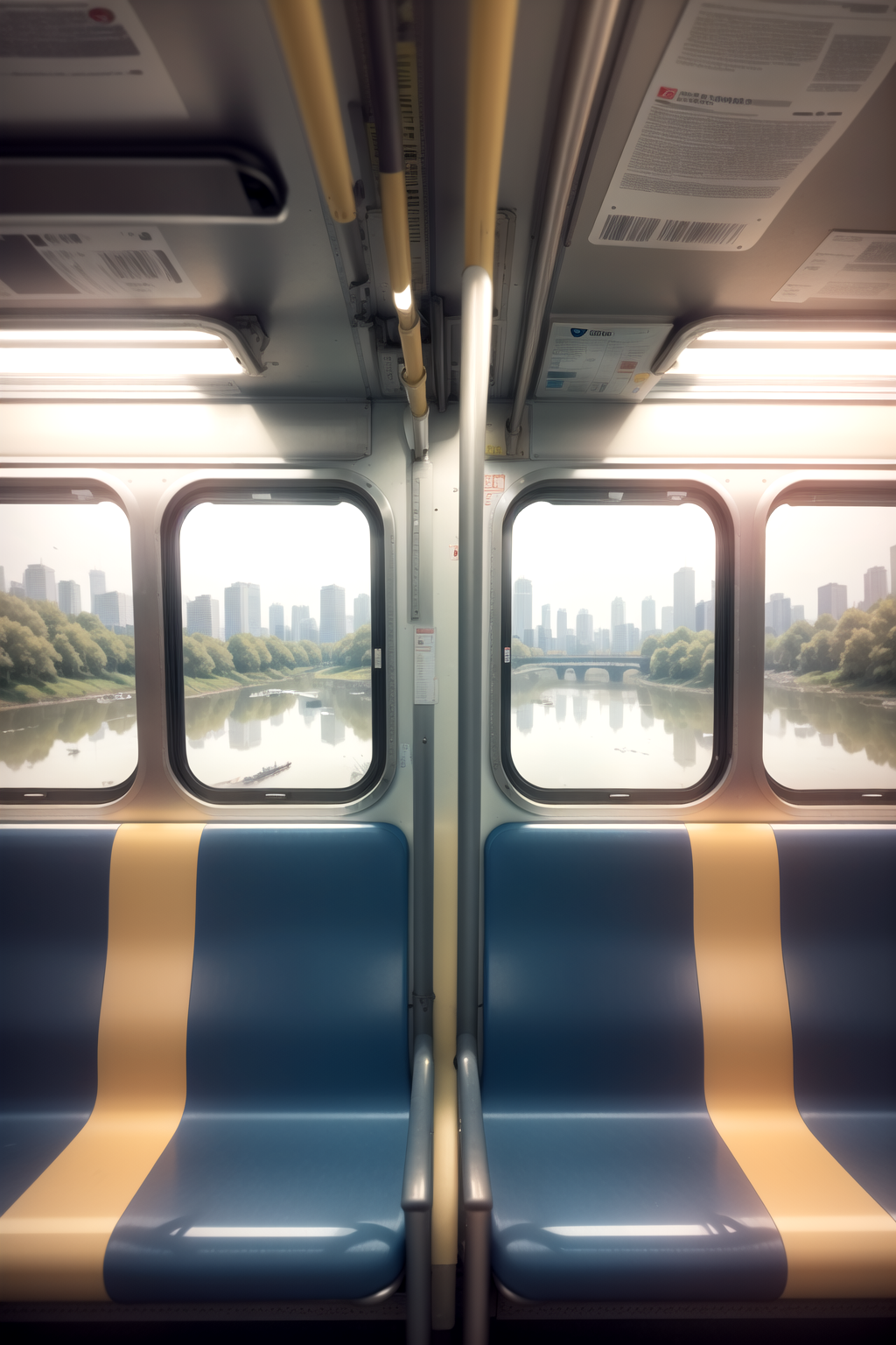 A photograph of the inside of a subway train. There are frogs sitting on the seats. One of them is reading a newspaper. The window shows the river in the background.