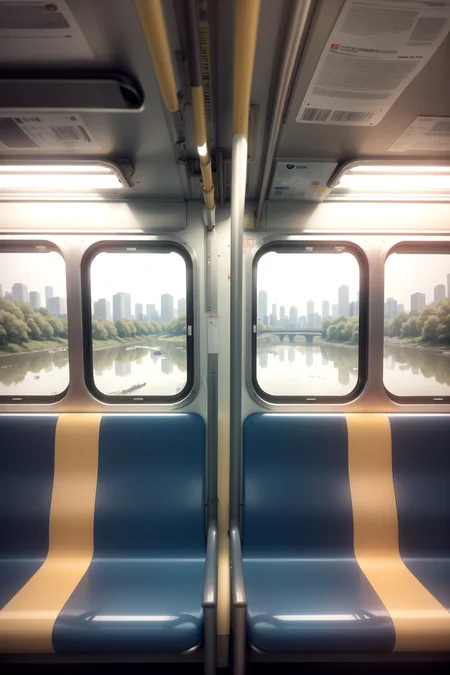 A photograph of the inside of a subway train. There are frogs sitting on the seats. One of them is reading a newspaper. The window shows the river in the background.