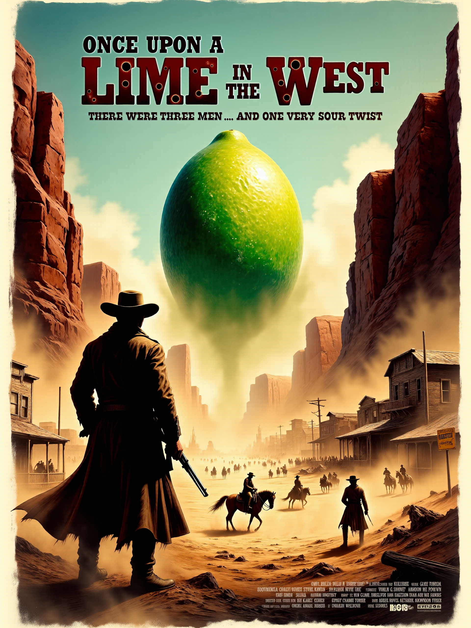 a highly detailed and atmospheric, painted western movie poster with the title text "Once Upon a Lime in the West" in a dark red western-style font and the tagline text "There were three men ... and one very sour twist", with movie credits at the bottom, featuring small white text detailing actor and director names and production company logos, inspired by classic western movie posters from the 1960s, an oversized lime is the central element in the middle ground of a rugged, sun-scorched desert landscape typical of a western, the vast expanse of dry, cracked earth stretches toward the horizon, framed by towering red rock formations, the absurdity of the lime is juxtaposed with the intense gravitas of the stoic, iconic gunfighters, as if the lime were as formidable an adversary as any seasoned gunslinger, in the foreground, the silhouettes of two iconic gunfighters stand poised, facing the lime and away from the viewer, the lime looms in the distance like a final showdown in the classic western tradition, in the foreground, the gunfighters stand with long duster coats flowing in the wind, and wide-brimmed hats tilted to cast shadows over their faces, their stances are tense, as if ready for the inevitable draw, and the weapons they carry glint, the background consists of the distant town, where the sun is casting a golden glow, old wooden buildings line the sides, with horses tied to posts and a weathered saloon sign swinging gently in the wind, in this poster, the lime plays the role of the silent villain, an almost mythical object that the gunfighters are preparing to confront, the tension of the scene is palpable, the gunfighters in the foreground have faces marked by dust and sweat, their eyes narrowed against the bright sunlight, their expressions are serious and resolute, as if they have come a long way for this final duel, the absurdity of the lime is in stark contrast with their stoic demeanor, a wide, panoramic shot captures the entire scene, with the gunfighters in the foreground, the lime in the mid-ground, and the town on the horizon, the framing emphasizes the scale of the desert and the dramatic standoff taking place, while subtly highlighting the oversized lime, the camera is positioned low, angled upward from the dusty ground toward the gunfighters, with the distant lime looming ahead, this angle lends the figures an imposing presence, while still giving the lime an absurd grandeur in the distance, the perspective draws the viewerâs eye across the desert, from the silhouettes of the gunfighters to the bizarre focal point of the lime, amplifying the tension, the lighting is harsh and unforgiving, typical of a desert setting, with the evening sun casting deep shadows across the ground, dust clouds drift subtly across the ground, creating a hazy effect, while the sky above is a vast expanse of pale blue, fading into golden hues near the horizon where the sun begins to set, the poster is shot as if using classic anamorphic lenses to capture the wide, epic scale of the desert, the color palette is warm and saturated, evoking the look of a classic spaghetti western, the lime looms unnaturally in the distance, as if conjured from the land itself, casting an absurdly grand shadow across the rugged landscape, the texture and detail evoke hand-painted, weathered posters from the golden age of westerns, with slightly frayed edges and faint creases mimicking the wear of vintage classics, <lora:image_enhancer-flux-by_dever:0.8> <lora:style-adventure_comic_book-flux-by_andreac75:0.56>