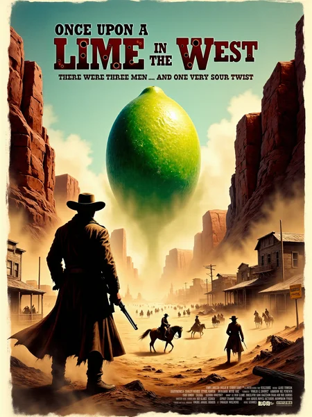 a highly detailed and atmospheric, painted western movie poster with the title text "Once Upon a Lime in the West" in a dark red western-style font and the tagline text "There were three men ... and one very sour twist", with movie credits at the bottom, featuring small white text detailing actor and director names and production company logos, inspired by classic western movie posters from the 1960s, an oversized lime is the central element in the middle ground of a rugged, sun-scorched desert landscape typical of a western, the vast expanse of dry, cracked earth stretches toward the horizon, framed by towering red rock formations, the absurdity of the lime is juxtaposed with the intense gravitas of the stoic, iconic gunfighters, as if the lime were as formidable an adversary as any seasoned gunslinger, in the foreground, the silhouettes of two iconic gunfighters stand poised, facing the lime and away from the viewer, the lime looms in the distance like a final showdown in the classic western tradition, in the foreground, the gunfighters stand with long duster coats flowing in the wind, and wide-brimmed hats tilted to cast shadows over their faces, their stances are tense, as if ready for the inevitable draw, and the weapons they carry glint, the background consists of the distant town, where the sun is casting a golden glow, old wooden buildings line the sides, with horses tied to posts and a weathered saloon sign swinging gently in the wind, in this poster, the lime plays the role of the silent villain, an almost mythical object that the gunfighters are preparing to confront, the tension of the scene is palpable, the gunfighters in the foreground have faces marked by dust and sweat, their eyes narrowed against the bright sunlight, their expressions are serious and resolute, as if they have come a long way for this final duel, the absurdity of the lime is in stark contrast with their stoic demeanor, a wide, panoramic shot captures the entire scene, with the gunfighters in the foreground, the lime in the mid-ground, and the town on the horizon, the framing emphasizes the scale of the desert and the dramatic standoff taking place, while subtly highlighting the oversized lime, the camera is positioned low, angled upward from the dusty ground toward the gunfighters, with the distant lime looming ahead, this angle lends the figures an imposing presence, while still giving the lime an absurd grandeur in the distance, the perspective draws the viewerâs eye across the desert, from the silhouettes of the gunfighters to the bizarre focal point of the lime, amplifying the tension, the lighting is harsh and unforgiving, typical of a desert setting, with the evening sun casting deep shadows across the ground, dust clouds drift subtly across the ground, creating a hazy effect, while the sky above is a vast expanse of pale blue, fading into golden hues near the horizon where the sun begins to set, the poster is shot as if using classic anamorphic lenses to capture the wide, epic scale of the desert, the color palette is warm and saturated, evoking the look of a classic spaghetti western, the lime looms unnaturally in the distance, as if conjured from the land itself, casting an absurdly grand shadow across the rugged landscape, the texture and detail evoke hand-painted, weathered posters from the golden age of westerns, with slightly frayed edges and faint creases mimicking the wear of vintage classics, <lora:image_enhancer-flux-by_dever:0.8> <lora:style-adventure_comic_book-flux-by_andreac75:0.56>