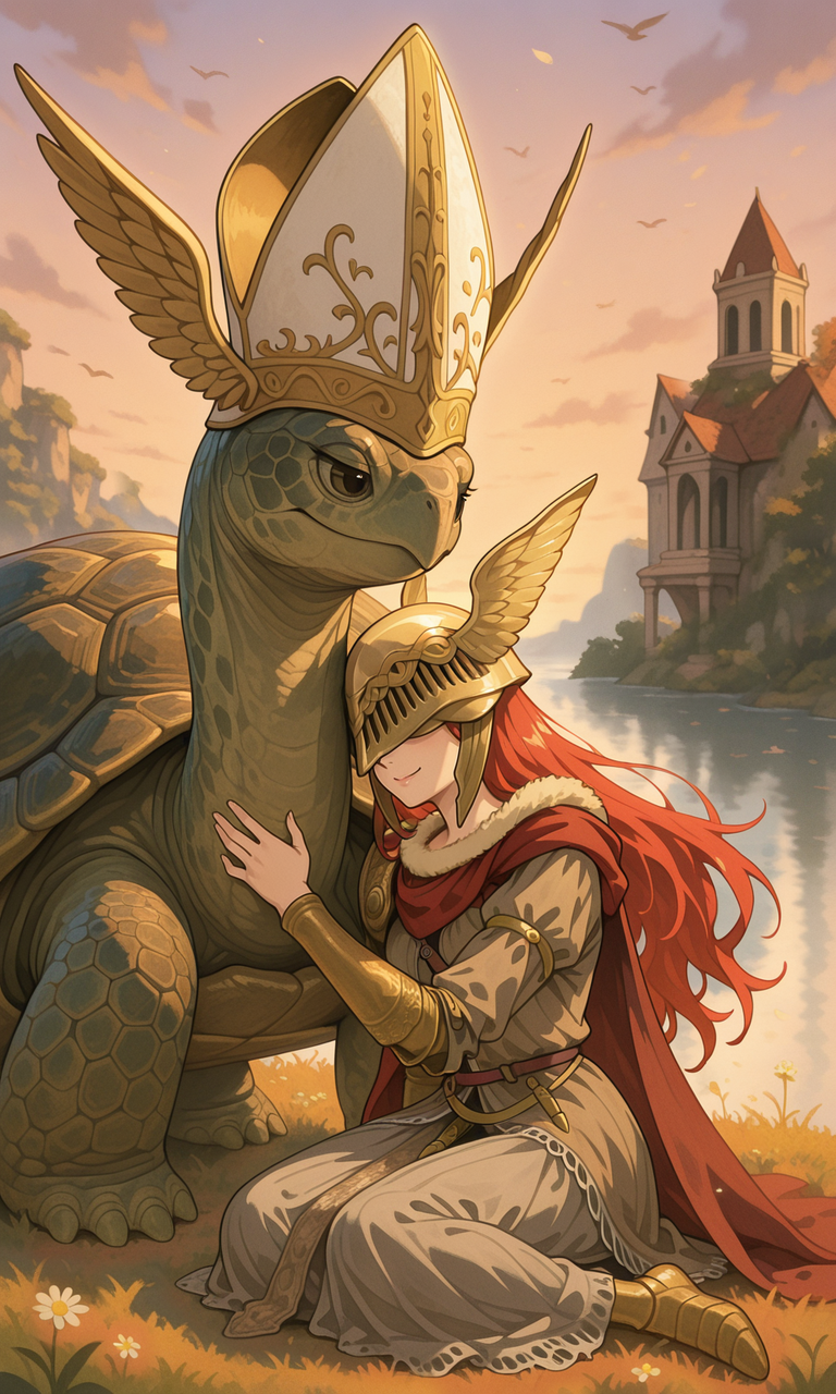 embedding:IllusP0s, turtle pope, malenia blade of miquella, winged helmet, covered eyes, 1girl, sitting, outdoors, smile,<lora:turtle_pope_r1.safetensors:1.0:1.0>