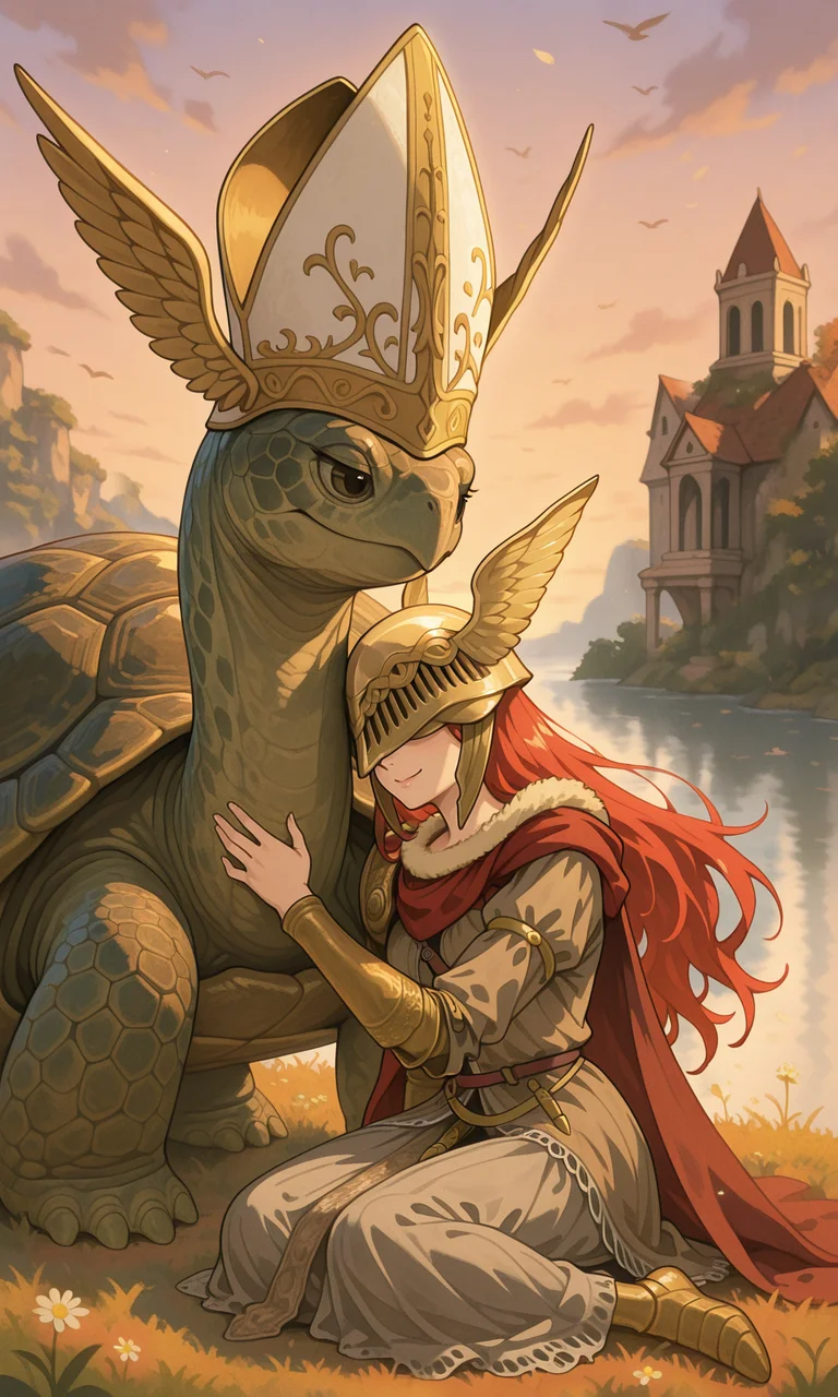 embedding:IllusP0s, turtle pope, malenia blade of miquella, winged helmet, covered eyes, 1girl, sitting, outdoors, smile,<lora:turtle_pope_r1.safetensors:1.0:1.0>