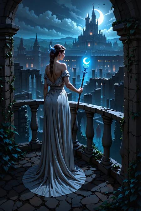 A noble woman in flowing, silver robes stands on a crumbling balcony, overlooking the ruins of an ancient city now overrun with dark vines and creeping shadows. Her staff, crowned with a crescent moon-shaped crystal, emits a soft, bluish glow that wards off the encroaching darkness. Below, spectral figures in tattered cloaks move silently through the streets, their hollow eyes fixed on the distant, ruined palace. She closes her eyes and raises her staff, and for a moment, the wind carries the distant echo of a forgotten song.<lora:Smooth_Mix_-_Flux:0.7><lora:FluxMythP0rtr4itStyle:0.8>