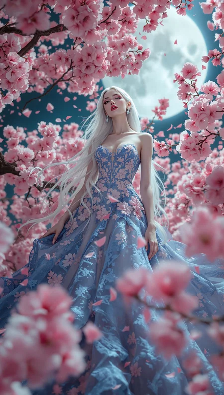 masterpiece, best quality, amazing quality, very aesthetic, absurdres, newest, full-length female model, long white hair, intricate blue lace dress, floral patterns, surreal oversized cherry blossoms, moonlit background, cinematic lighting, professional photoshoot, bottom view, macro details, luxurious Gucci-inspired attire, high-fashion editorial, Harper’s Bazaar USA style, Solve Sundsbo-inspired lighting, ethereal elegance, exaggerated proportions, dreamlike atmosphere, falling sakura petals, vibrant colors, professional studio setup, Alpha 7IV camera, full-frame lens, vintage-inspired room with surreal proportions, high-fashion pose, dynamic composition, avant-garde aesthetic, hyperrealistic textures, extreme color contrast,
