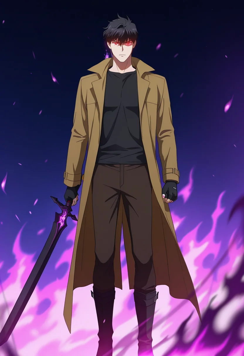 masterpiece, best quality, amazing quality,high resolution, intricate details,official style,depth of field,anime coloring,anime screencap , , , 1boy, solo, male focus, <lora:han_yoohyun:0.83>,han yoohyun,black hair,red eyes,short hair,looking at viewer,
t-shirt,long sleeves, gloves, holding, closed mouth, standing, 1 weapon, boots, open clothes, black gloves, pants, fingerless gloves, black footwear, black shirt,holding weapon,coat, black pants, open coat, brown coat,1 sword,modern sword,purple fire,glowing eyes,burning