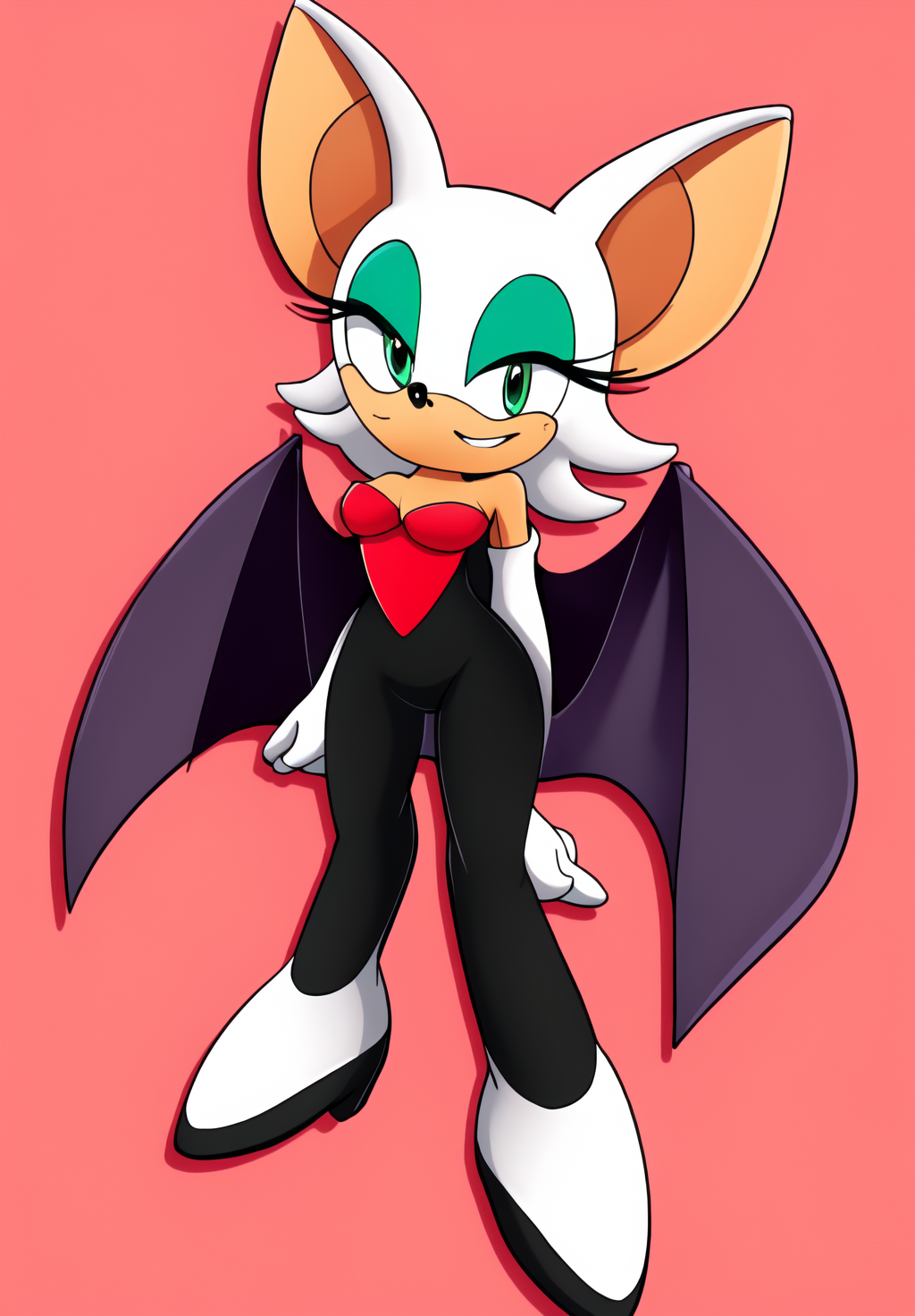 <lora:Rouge_the_Bat:0.8>, Rouge_the_Bat, 1girl, solo, looking at viewer, smile, bare shoulders, green eyes, full body, hand up, bodysuit, two-tone background, black bodysuit