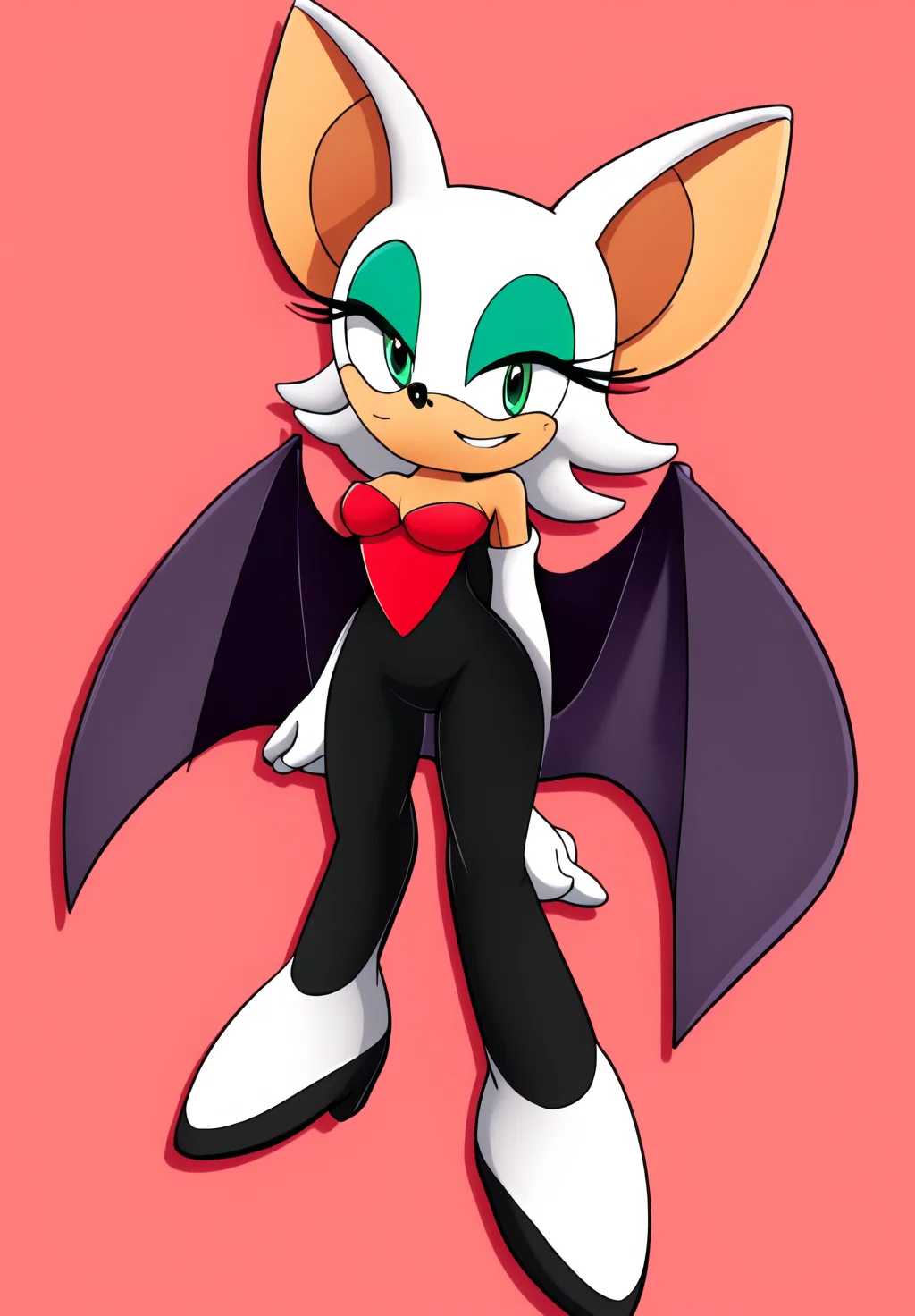 <lora:Rouge_the_Bat:0.8>, Rouge_the_Bat, 1girl, solo, looking at viewer, smile, bare shoulders, green eyes, full body, hand up, bodysuit, two-tone background, black bodysuit