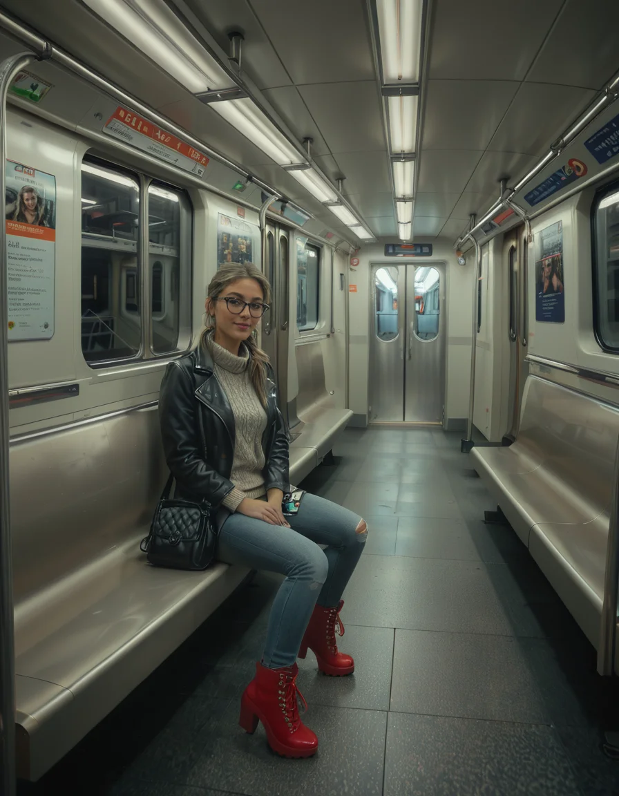 A modern subway train,Subw4y tr41n, in motion, with a single woman standing near the center of the train car, holding onto a shiny metal pole for balance as the train glides along the tracks. The woman is dressed casually yet stylishly, wearing a long black coat over a beige turtleneck sweater, paired with slim-fit jeans and ankle boots. Her hair is neatly tied back into a low bun, with a few loose strands framing her face. She has a thoughtful, calm expression, her gaze directed slightly downward as if lost in her own world. In her other hand, she holds a small tote bag, its strap looped over her wrist, with a paperback book peeking out from the top.
The subway car is clean but shows subtle signs of daily use. The walls are lined with muted gray panels, and the seats along the edges of the car are upholstered in a dark blue fabric, slightly faded from wear. Overhead, fluorescent lighting casts a bright, even glow across the interior, causing faint reflections on the polished floor, which is marked with the occasional scuff from commuters' shoes. Metal grab handles hang from above, gently swaying with the trainâs movement, and shiny steel poles are strategically placed throughout the car.
The windows on both sides reveal a blurry, motion-filled view of the dark subway tunnel, interspersed with flashes of graffiti-covered walls and dim utility lights. Above the windows, digital displays show the next stop in bright LED text, along with a route map that runs the length of the car. Small advertisements are mounted on the walls, showcasing everything from city events to product promotions, some with vibrant colors that add subtle contrast to the neutral tones of the train.
The atmosphere feels still and introspective, with the soft hum of the train and the occasional squeal of the wheels on the track. The train is sparsely occupied, with a few empty seats and subtle details like a forgotten coffee cup on one bench and a folded newspaper lying on the floor. The overall mood is quiet and reflective, capturing a moment of solitude and thoughtfulness during an ordinary subway ride.<lora:SDXLFaeTastic2400:0.4> <lora:extremely_detailed:0.4> extremely detailed, <lora:Subw4y_tr41n:1>, Masterpiece,best quality,hi res,8k,hi res,8k,award winning,(sharp focus, intricate, highly detailed),