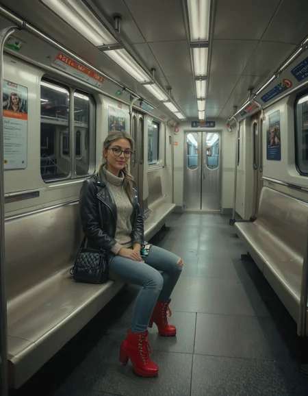 A modern subway train,Subw4y tr41n, in motion, with a single woman standing near the center of the train car, holding onto a shiny metal pole for balance as the train glides along the tracks. The woman is dressed casually yet stylishly, wearing a long black coat over a beige turtleneck sweater, paired with slim-fit jeans and ankle boots. Her hair is neatly tied back into a low bun, with a few loose strands framing her face. She has a thoughtful, calm expression, her gaze directed slightly downward as if lost in her own world. In her other hand, she holds a small tote bag, its strap looped over her wrist, with a paperback book peeking out from the top.
The subway car is clean but shows subtle signs of daily use. The walls are lined with muted gray panels, and the seats along the edges of the car are upholstered in a dark blue fabric, slightly faded from wear. Overhead, fluorescent lighting casts a bright, even glow across the interior, causing faint reflections on the polished floor, which is marked with the occasional scuff from commuters' shoes. Metal grab handles hang from above, gently swaying with the trainâs movement, and shiny steel poles are strategically placed throughout the car.
The windows on both sides reveal a blurry, motion-filled view of the dark subway tunnel, interspersed with flashes of graffiti-covered walls and dim utility lights. Above the windows, digital displays show the next stop in bright LED text, along with a route map that runs the length of the car. Small advertisements are mounted on the walls, showcasing everything from city events to product promotions, some with vibrant colors that add subtle contrast to the neutral tones of the train.
The atmosphere feels still and introspective, with the soft hum of the train and the occasional squeal of the wheels on the track. The train is sparsely occupied, with a few empty seats and subtle details like a forgotten coffee cup on one bench and a folded newspaper lying on the floor. The overall mood is quiet and reflective, capturing a moment of solitude and thoughtfulness during an ordinary subway ride.<lora:SDXLFaeTastic2400:0.4> <lora:extremely_detailed:0.4> extremely detailed, <lora:Subw4y_tr41n:1>, Masterpiece,best quality,hi res,8k,hi res,8k,award winning,(sharp focus, intricate, highly detailed),