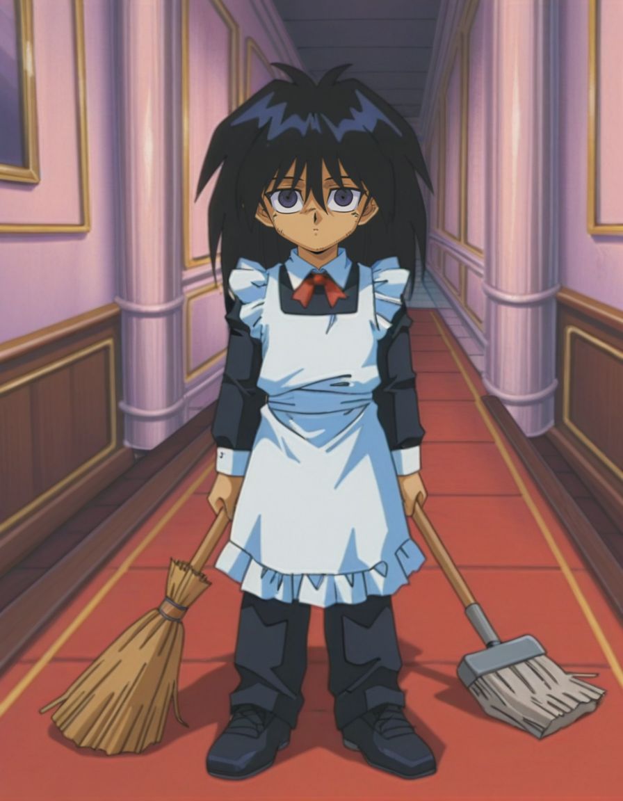 masterpiece, best quality, upper body, male focus, looking at viewer, bedroom, (maid:1.2), solo, arms at sides, full body, holding a broom, 
<lora:Mind_Controlled_Mokuba_1:0.9>, m0ku, 1boy, black hair, long hair, purple eyes, retro artsyle, 1990s (style), hair between eyes, male child,