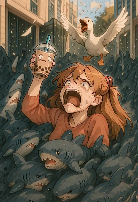embedding:IllusP0s, (artist:moriimee:1.2), 1girl, Asuka Langley, /NGE/, scared, reaching, stuffed shark, screaming, crying goose ambush, 6+ geese, bubble tea, drinking, holding, park background, detailed eyes,
