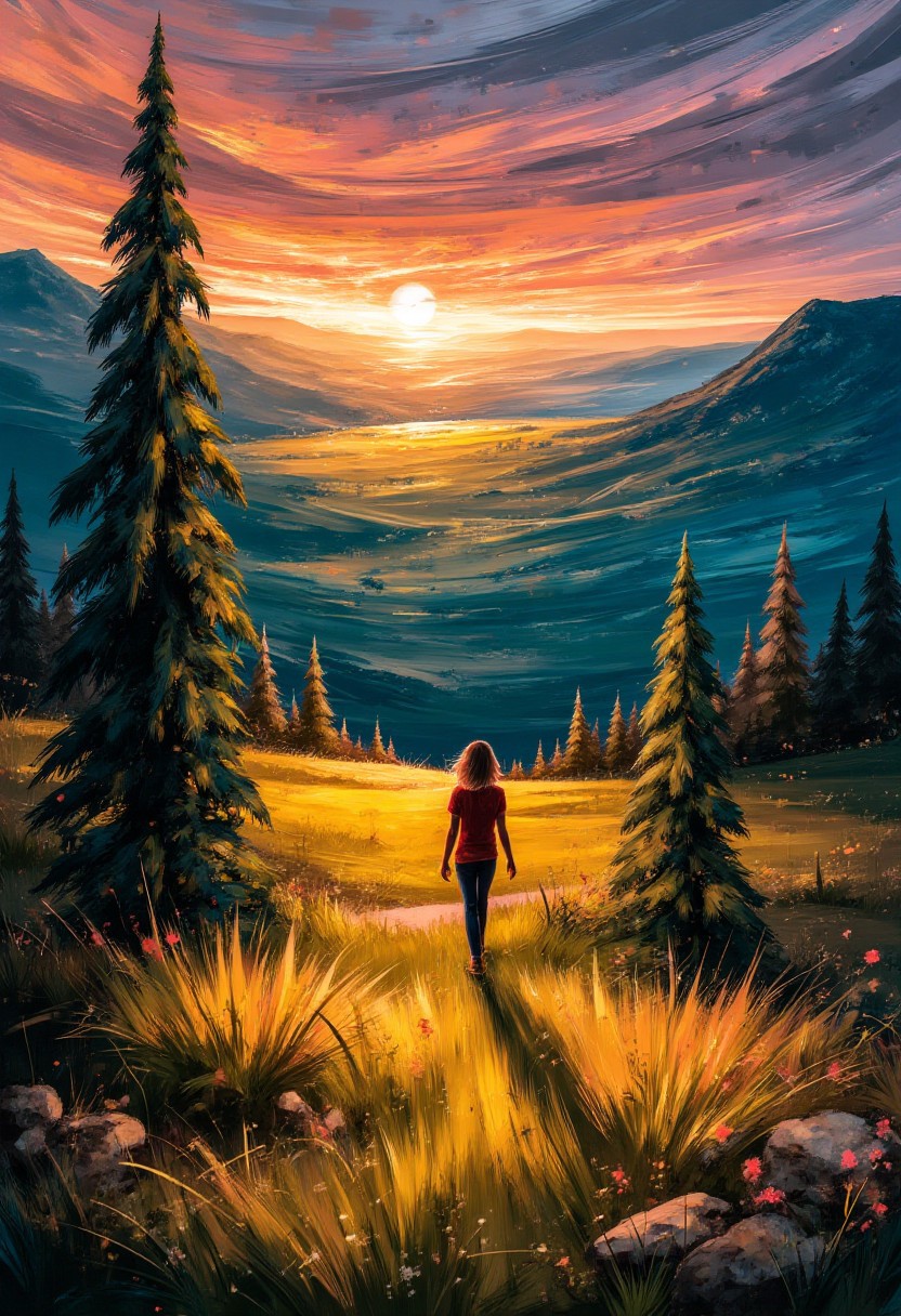 cinna flow, a close-up of a a girl walking through a field, in the style of ethereal trees, dark yellow and azure, majestic, sweeping seascapes, photorealistic representation, graceful balance, wimmelbilder, orange