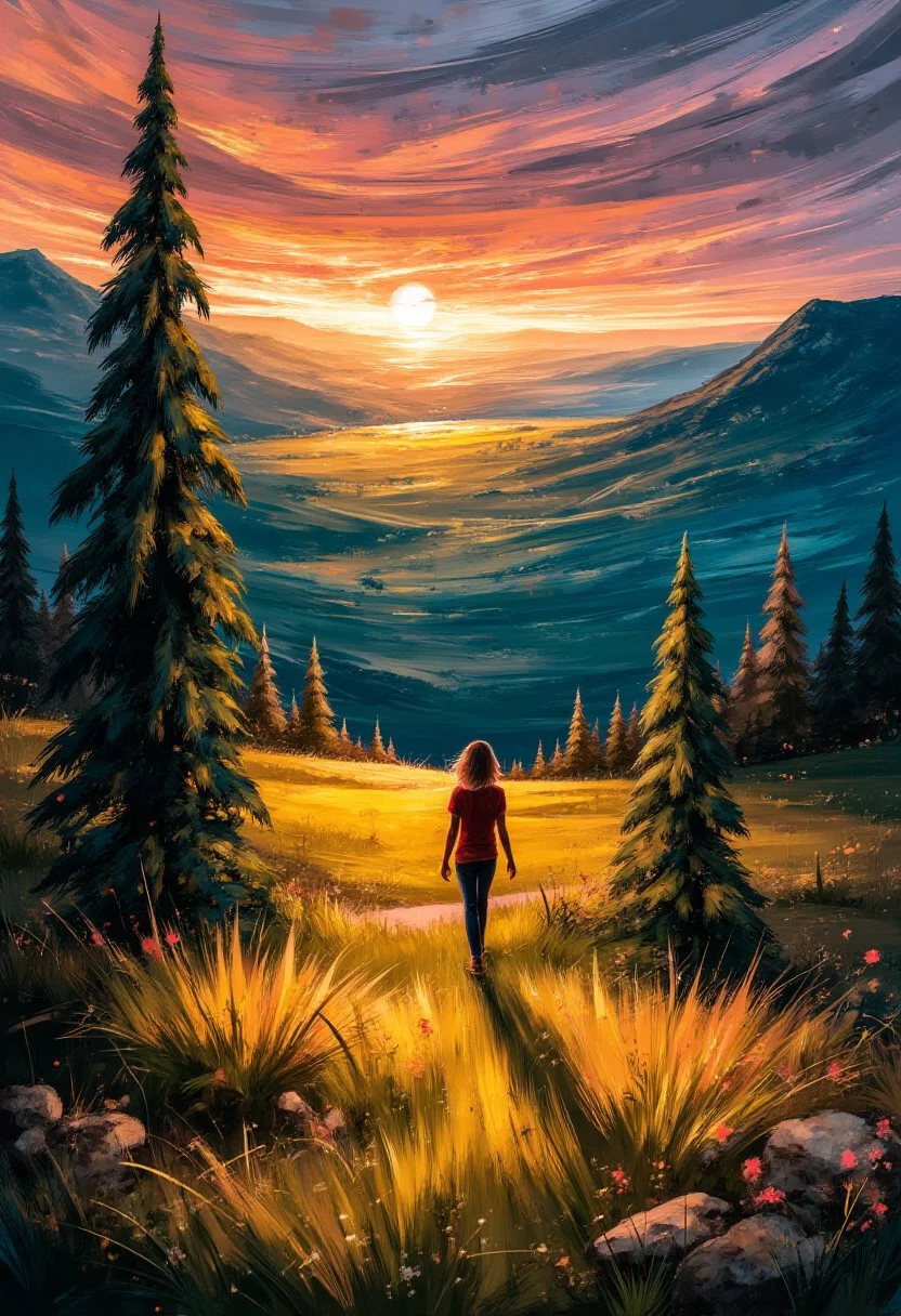 cinna flow, a close-up of a a girl walking through a field, in the style of ethereal trees, dark yellow and azure, majestic, sweeping seascapes, photorealistic representation, graceful balance, wimmelbilder, orange