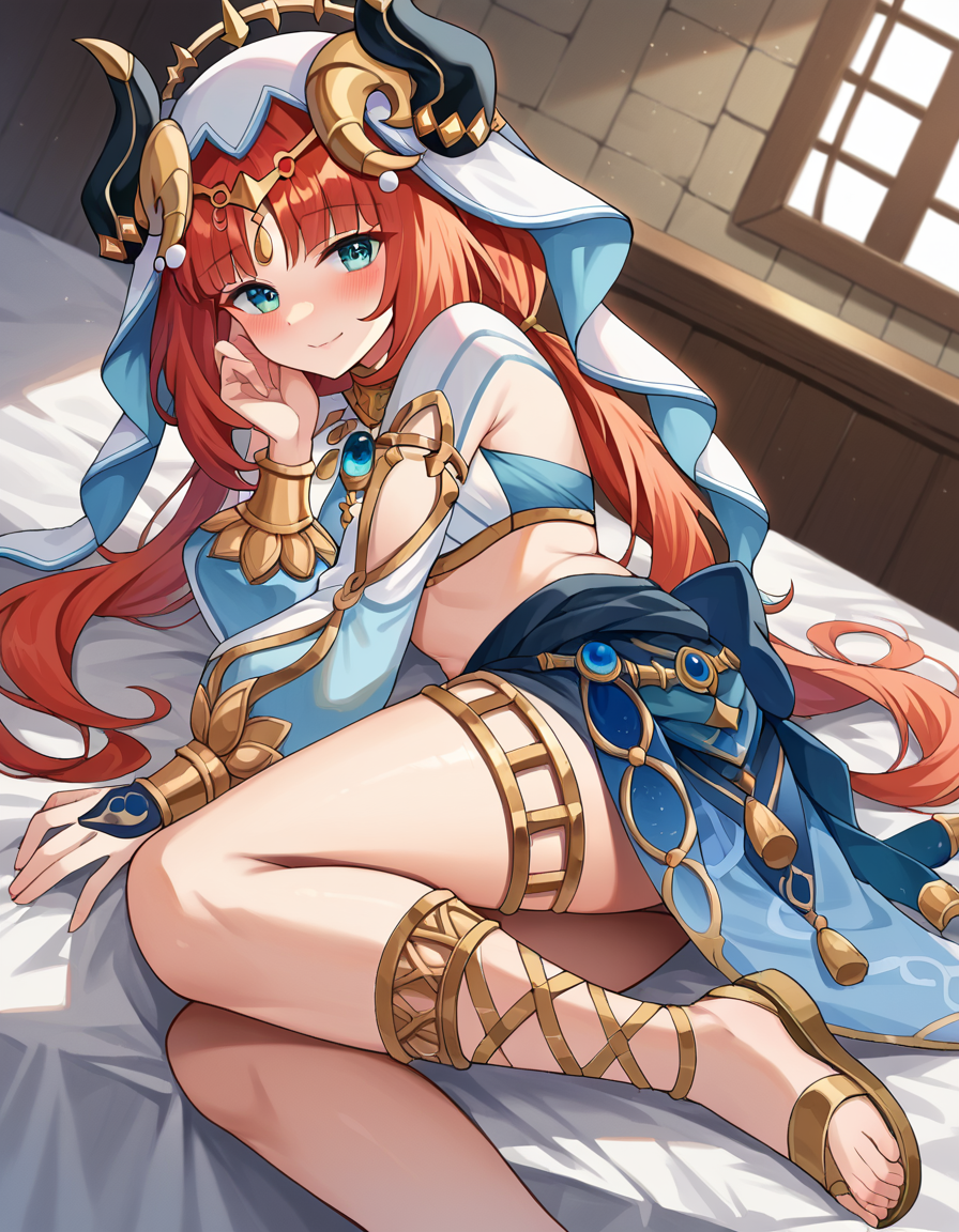 score_9, score_8_up, score_7_up, source_anime,
genshinnilou, <lora:genshin-nilou-ponyxl-lora-nochekaiser:1>
nilou, red hair, twintails, blue eyes, long hair, smile,
blue skirt, bracer, circlet, crop top, dancer, detached sleeves, fake horns, gladiator sandals, gold footwear, gold trim, horns, jewelry, long sleeves, neck ring, puffy long sleeves, puffy sleeves, sandals, skirt, thighlet, thighs, veil, white headwear, white sleeves, white veil,
indoors, bed, bed room, on side, blush, drunk,
looking at viewer, dutch angle, cowboy shot,