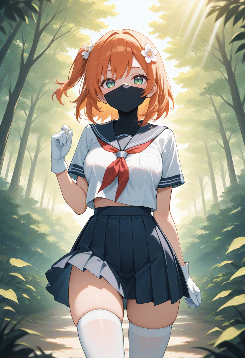 masterpiece,best quality,newest,
1girl, medium breasts, hair flower, ninja mask, serafuku, one side up, white thighhighs, gloves, 
solo, outdoors, looking at viewer, cowboy shot, sunlight, colorful, nature,
<lora:ninjamaskillusxl:1>