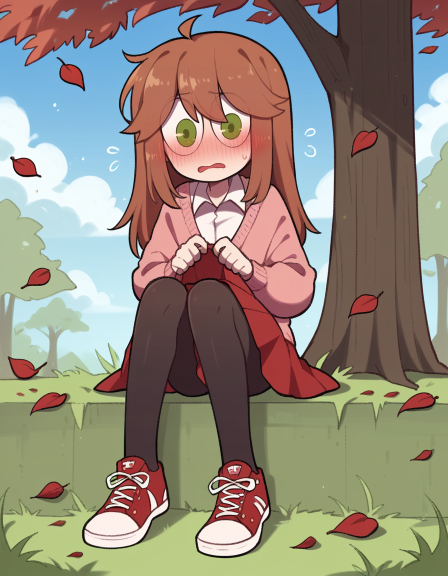score_9, score_8_up, score_7_up, score_6_up, score_5_up, score_4_up, 1girl, solo, full body, sky, cloud, falling leaves, grass, flower, tree,
<lora:CWew33-20:0.9>  cwew, sketch, flat color, round eyes, brown hair, long hair, green eyes, pink cardigan, collared shirt, white shirt, red skirt, black pantyhose, red footwear, sneakers, ahoge,
blush, nervous, sitting, small breasts, looking at viewer,